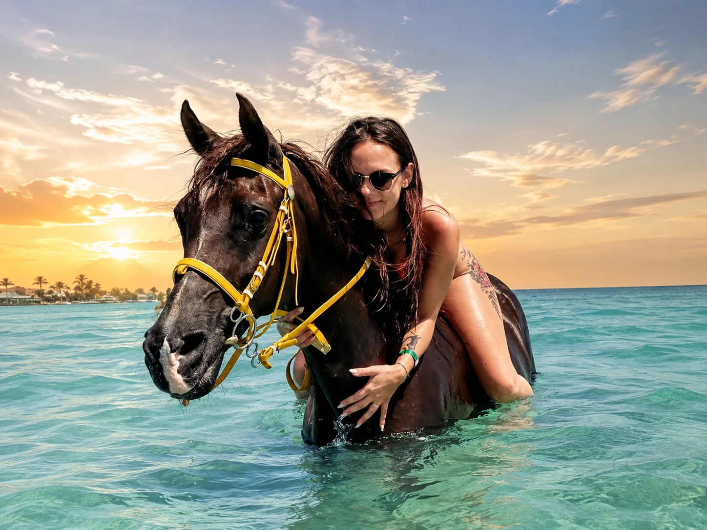 Reiterin und Pferd im Meer bei Sonnenuntergang in Hurghada